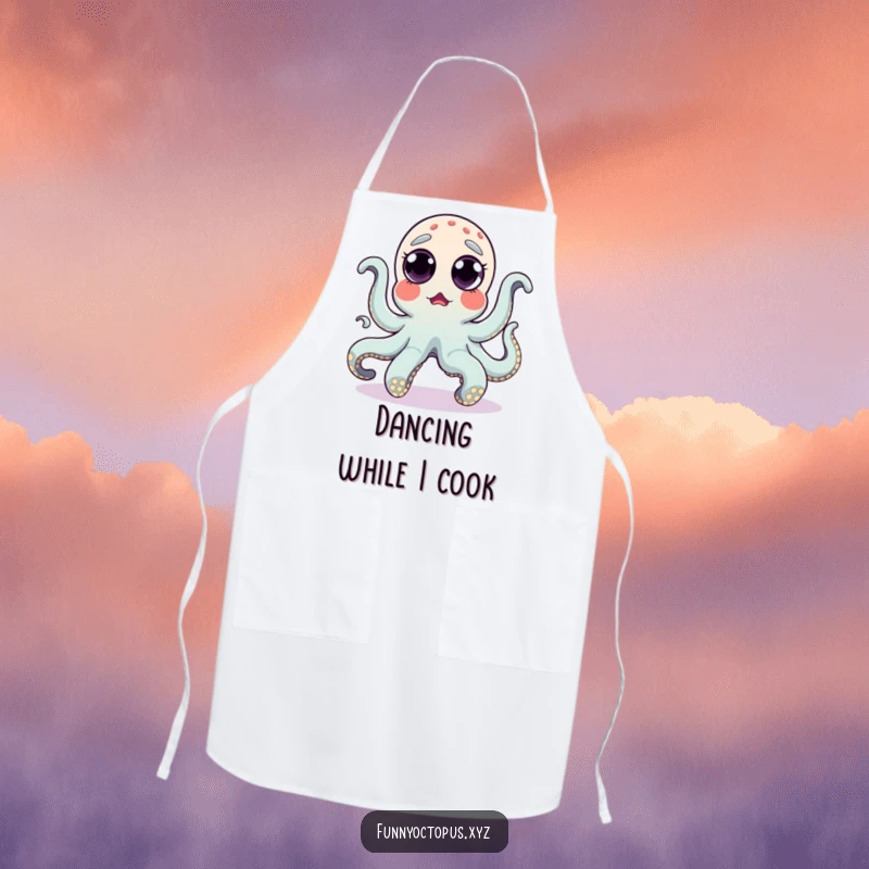 Funny apron showcasing a surprised octopus with eyes popping out, performing a silly dance, perfect for cooks.