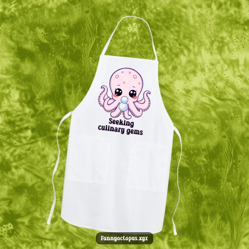 Funny apron showing an octopus with big, expressive dot eyes, reaching for a shiny pearl, ready for culinary discovery.