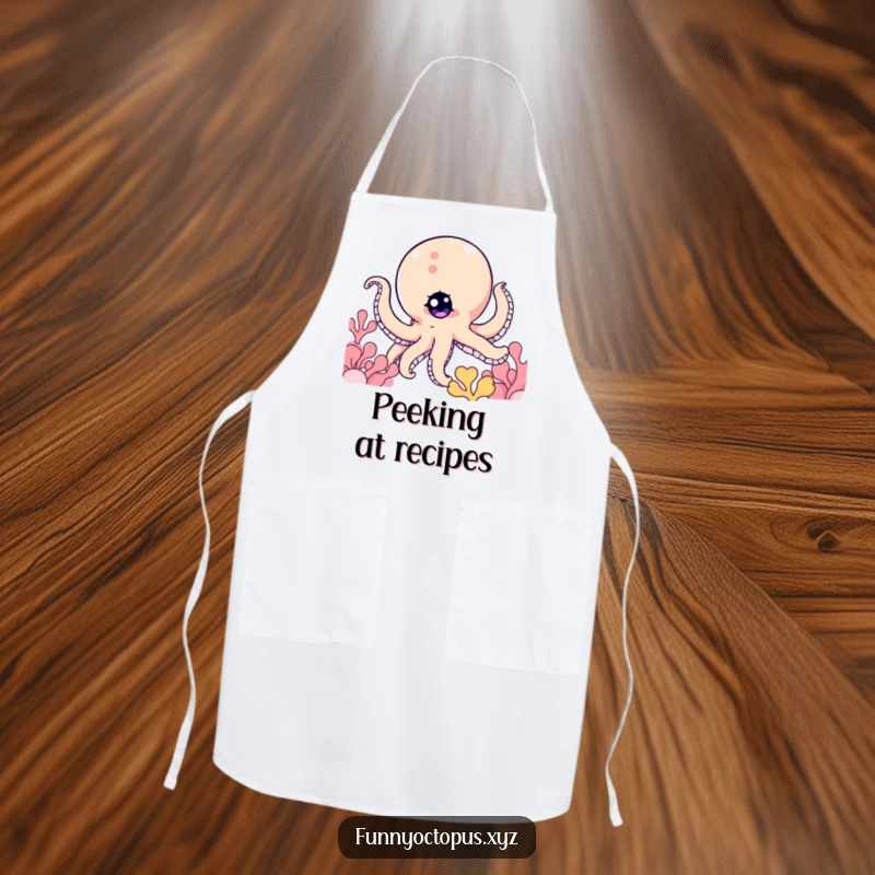 Funny apron showing an octopus character with a twinkling eye, peeking from behind coral, adding a playful kitchen element.