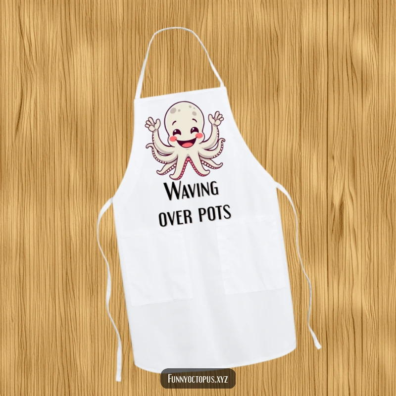 Funny apron showcasing a grinning octopus with multiple arms enthusiastically waving, perfect for a cheerful cook.