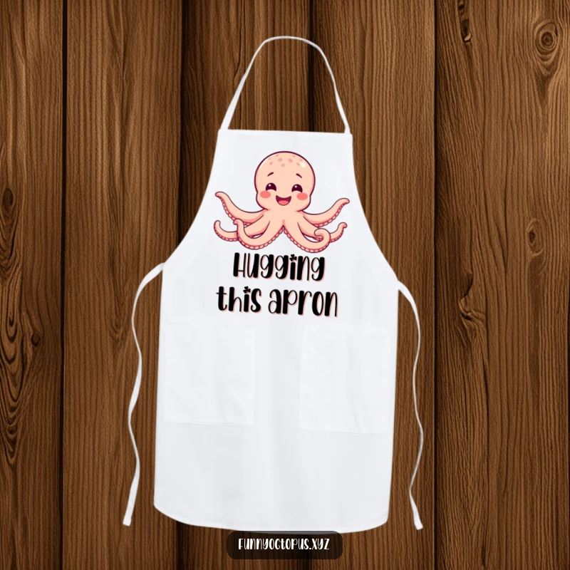 Funny apron showcasing a happy octopus with a wide smile, extending all its arms in a hug, ideal for cooks.