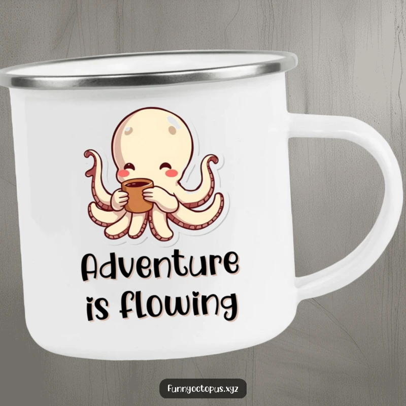 Funny camping mug featuring an octopus character swimming energetically with motion lines, ready for outdoor adventures.