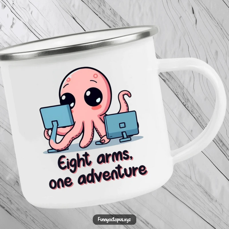 Funny camping mug showcasing a stylized octopus with big, curious dot eyes, its tentacles waving merrily, ready for adventure.