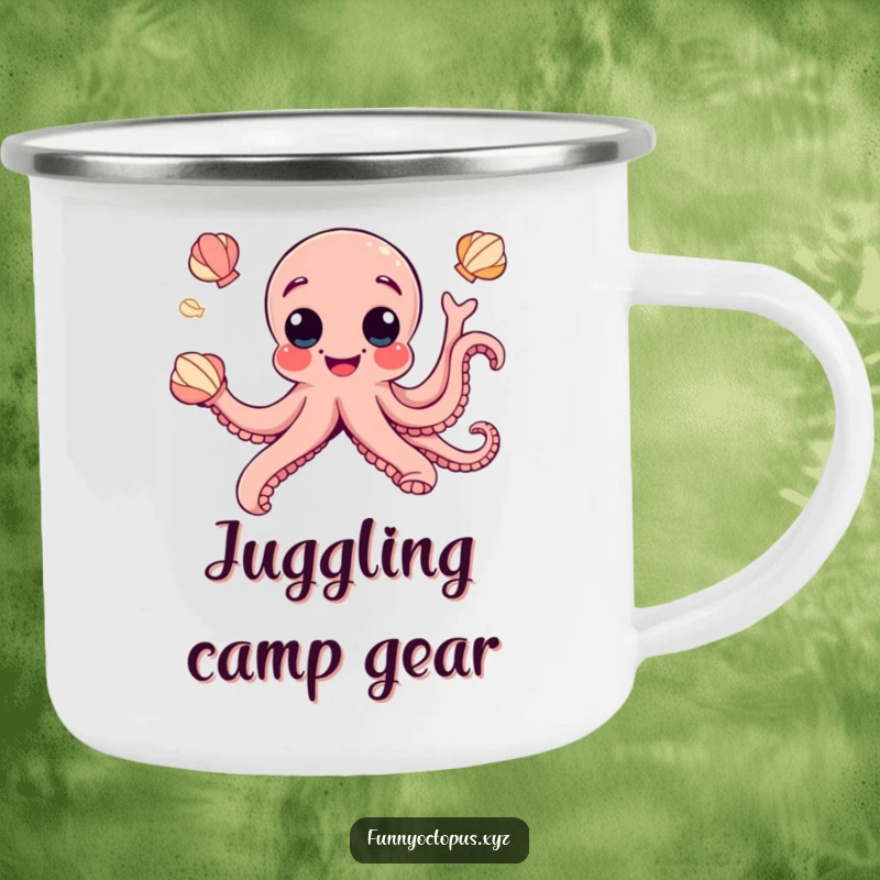Funny camping mug featuring a joyful octopus with googly eyes humorously juggling seashells, perfect for outdoor use.