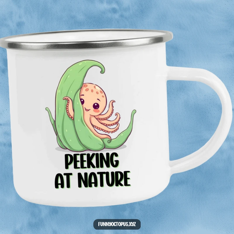 Funny camping mug featuring an octopus playfully peeking from behind large seaweed, perfect for outdoor enthusiasts.