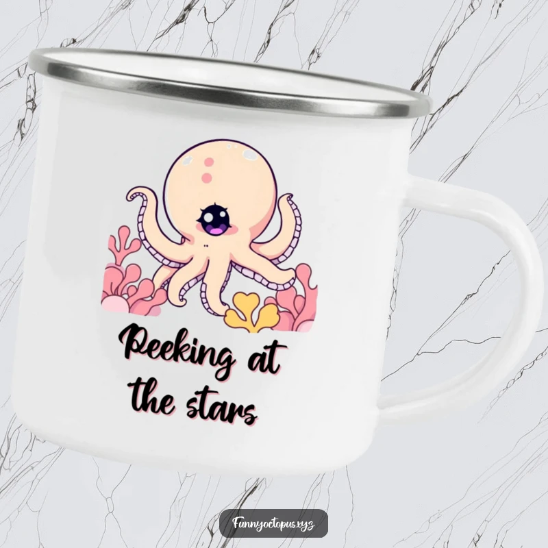 Funny camping mug featuring an octopus with a twinkling eye, peeking from behind coral, ready for playful adventures.