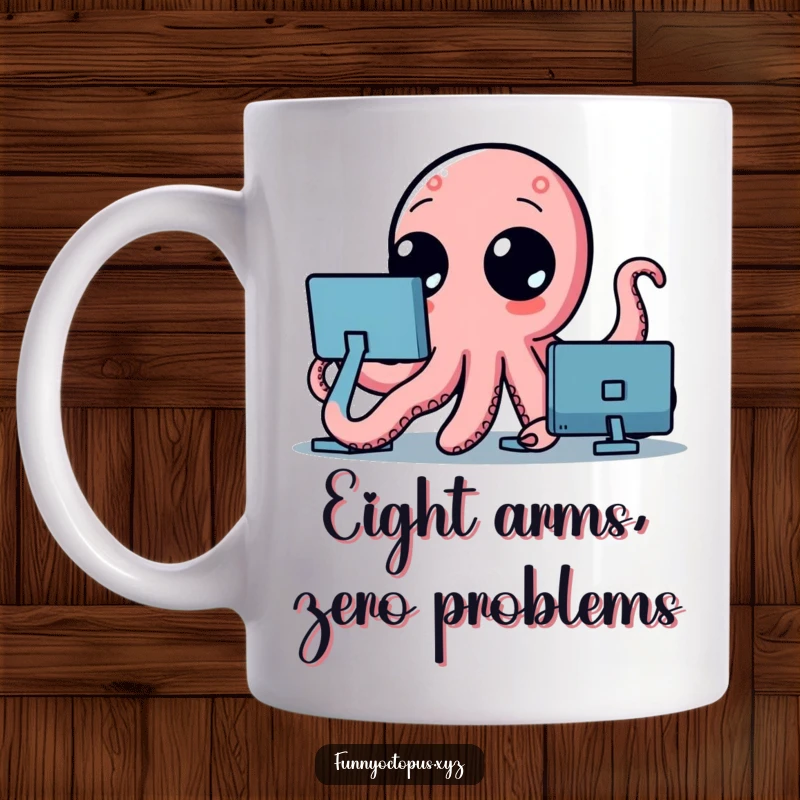 Funny mug featuring a stylized octopus with big, curious dot eyes, enthusiastically waving its tentacles like a friendly greeting.