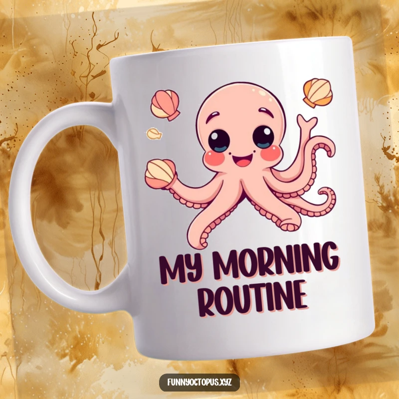 Funny mug with a joyful octopus sporting googly eyes, playfully juggling seashells in a delightful, humorous scene.