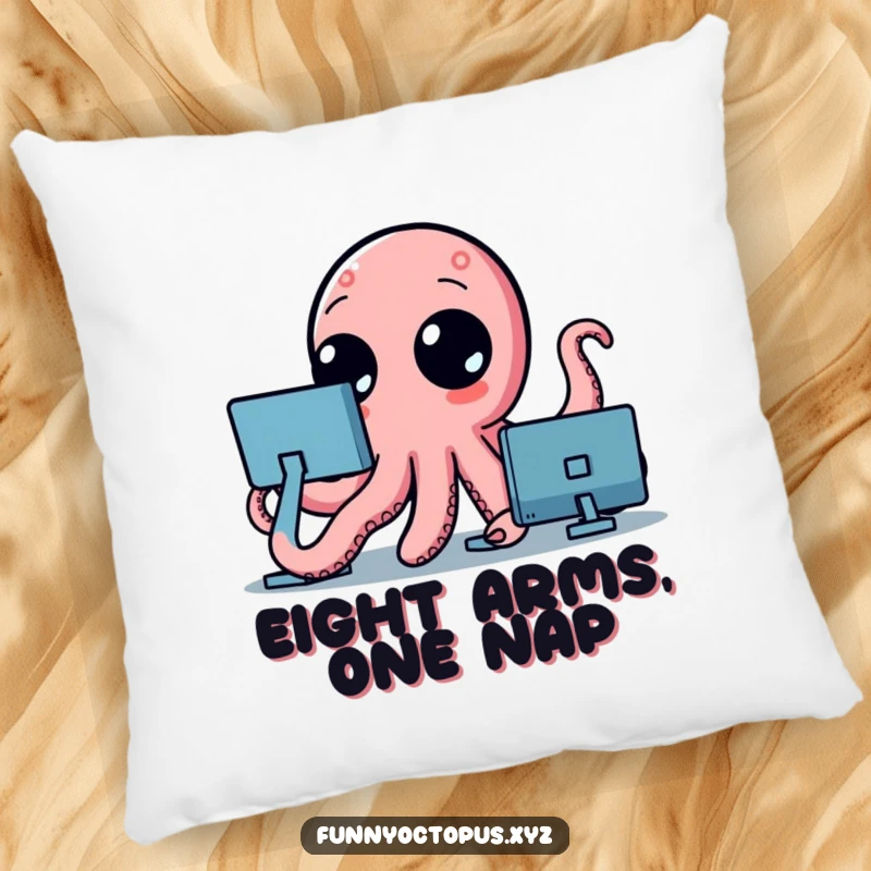 Funny pillow featuring a plush octopus with big, curious dot eyes, its tentacles playfully waving, perfect for a cozy, humorous touch.