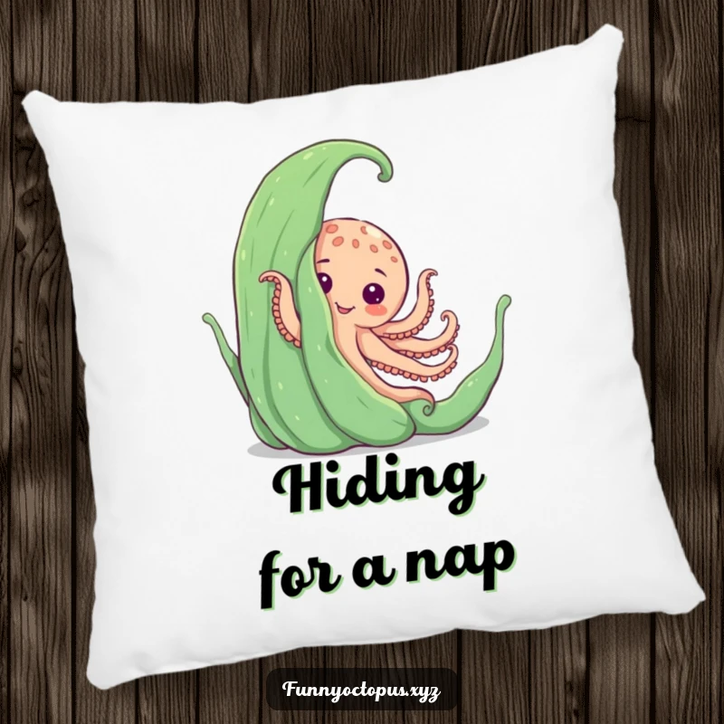 Funny pillow with an octopus playfully peeking from behind large seaweed, providing comfort with a touch of humor.