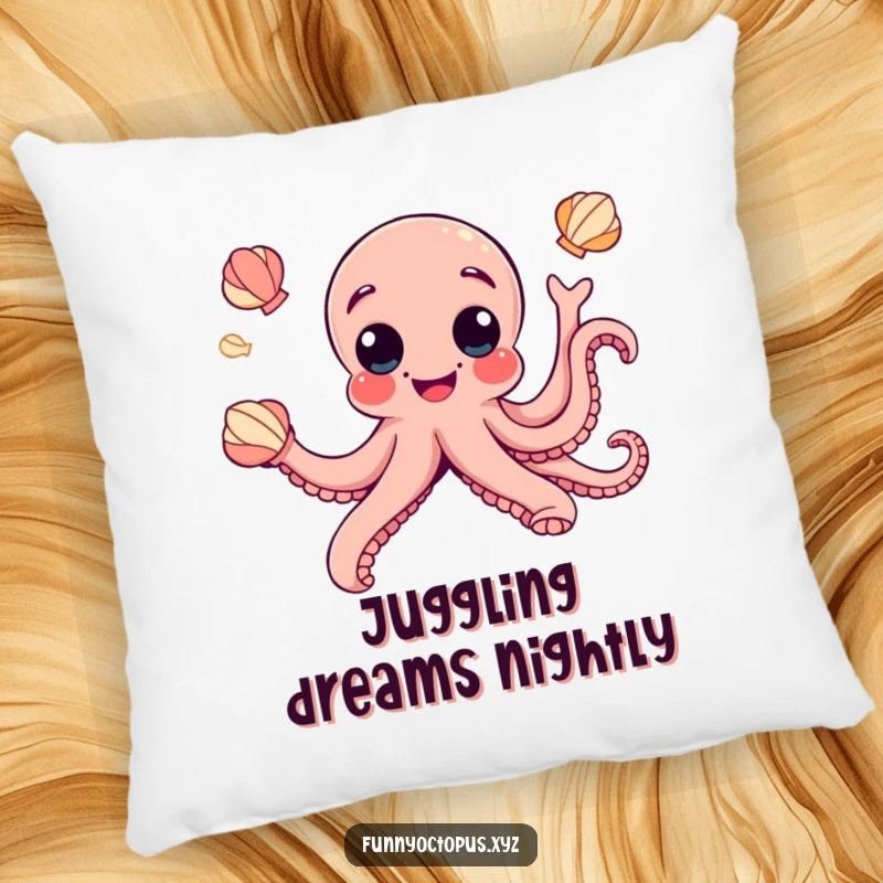 Funny pillow with a joyful octopus and googly eyes humorously juggling seashells, providing comfort with a smile.