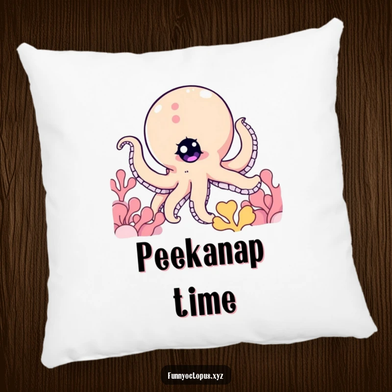 Funny pillow featuring an octopus with a twinkling eye, peeking from behind coral, perfect for a cozy, playful feel.