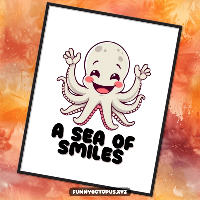 Funny digital art print of a grinning octopus with multiple arms waving enthusiastically, adding cheerful decor.