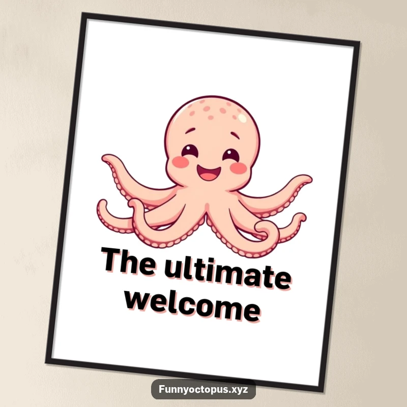 Funny digital art print of a happy octopus smiling, extending all its arms in a big hug, for joyful decor.