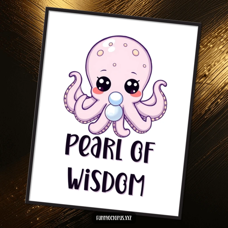 Funny digital art of an octopus with large, expressive dot eyes, tentacles reaching for a shiny pearl, full of wonder.