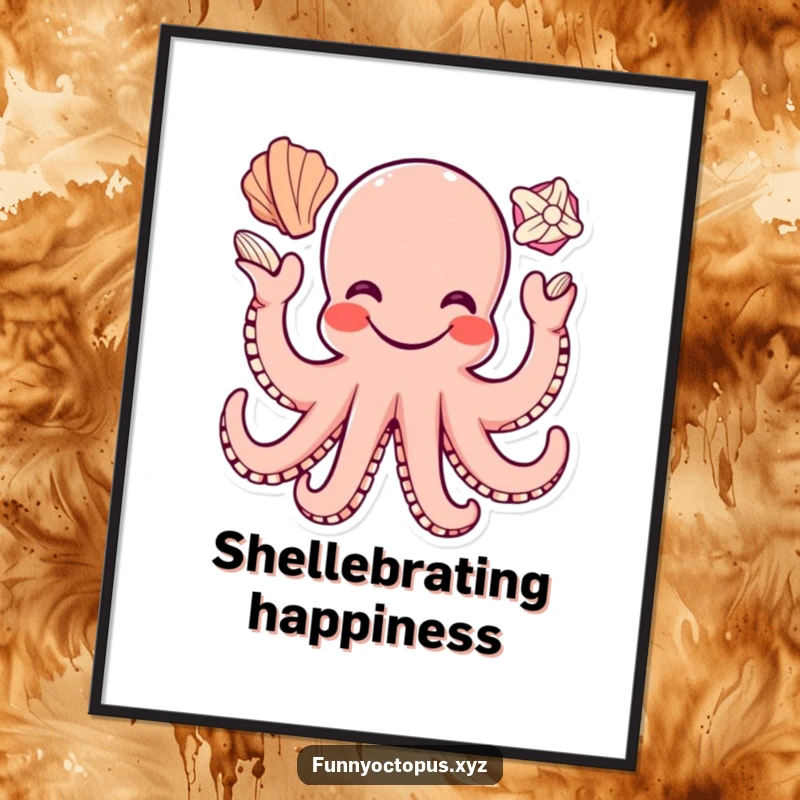 Funny digital art of a happy octopus character with a wide smile, juggling seashells with its tentacles, full of life.