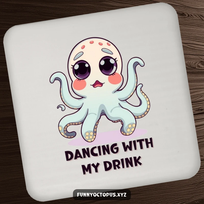 Funny drink coasters with a surprised octopus and popping eyes humorously doing a silly dance, perfect for tables.