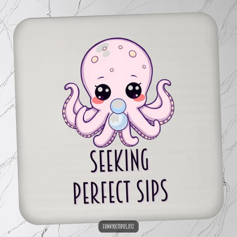 Funny drink coaster featuring an octopus with big, expressive dot eyes, reaching for a shiny pearl, adding charm.