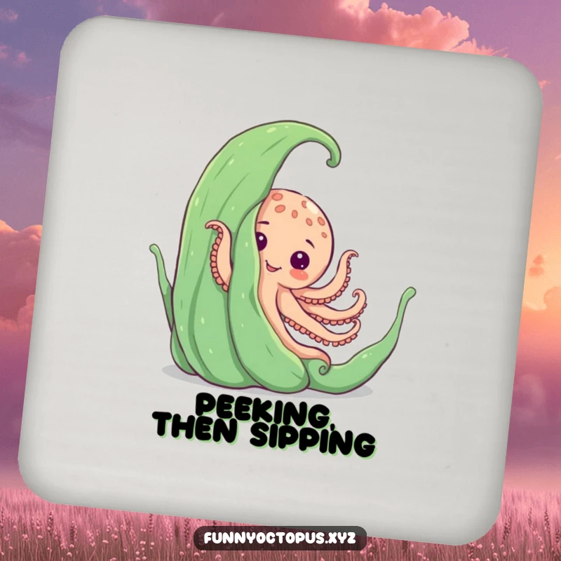Funny drink coasters with an octopus playfully peeking from behind large seaweed, perfect for protecting tables.