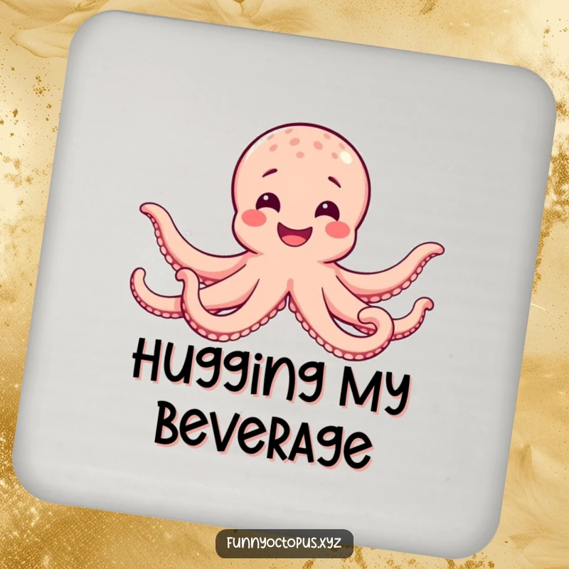 Funny drink coasters with a happy octopus smiling and extending all its arms in a big hug, ideal for tables.