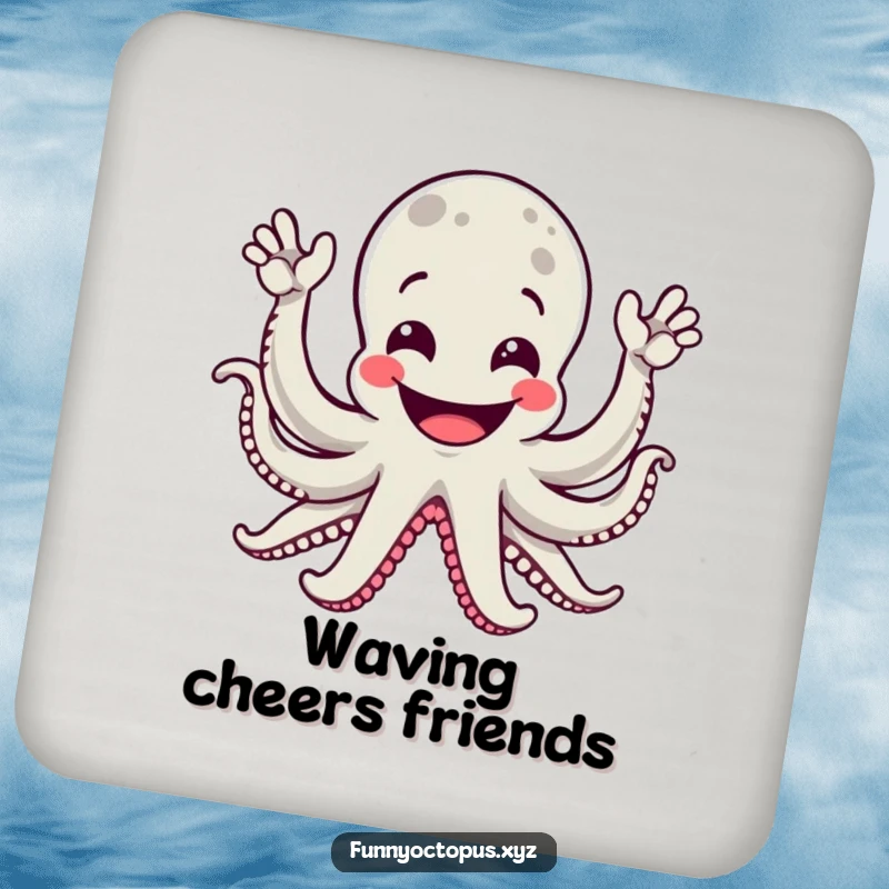 Funny drink coasters with a grinning octopus enthusiastically waving its many arms, protecting surfaces with humor.
