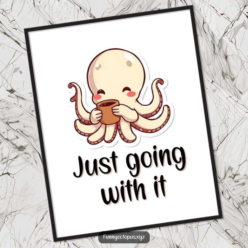 Funny poster art of an octopus character swimming playfully, depicted with energetic lines showing rapid, dynamic movement.
