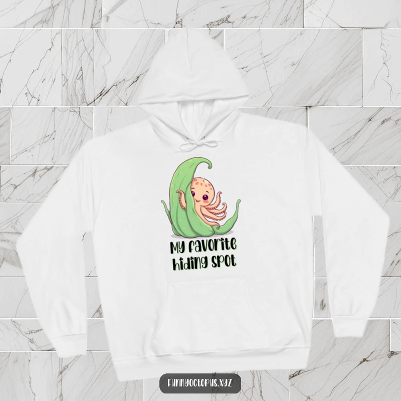 Funny hoodie showing an octopus playfully peeking from behind giant seaweed, perfect for a cozy and humorous feel.