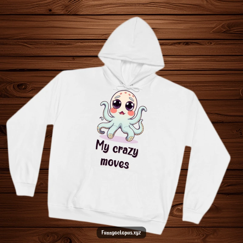 Funny hoodie showing a surprised octopus with eyes popping out, caught in a hilarious, silly dance, perfect for cozy fun.