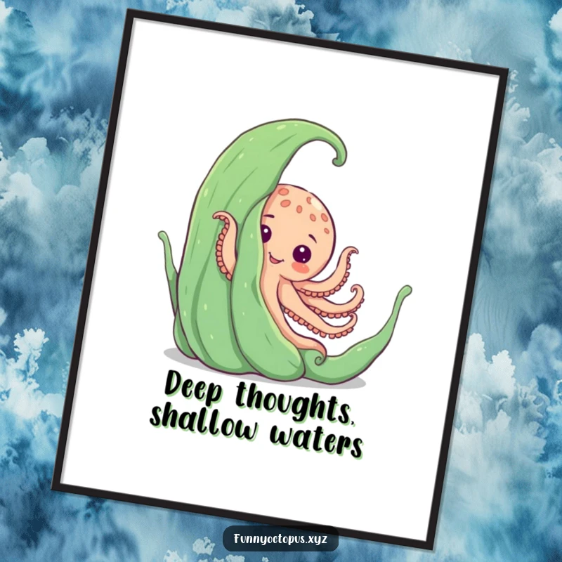 Funny Free Printable Wall Art: An octopus playfully peeking its head from behind a giant piece of seaweed with a curious expression.