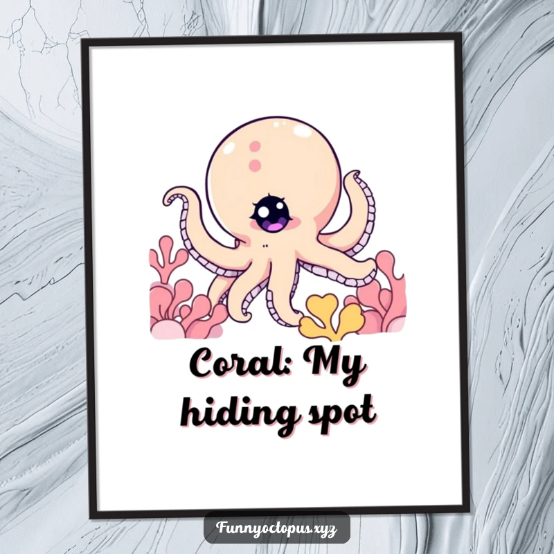 Funny Free Printable Wall Art: An octopus character with a single twinkling eye playfully peeking from behind vibrant coral.