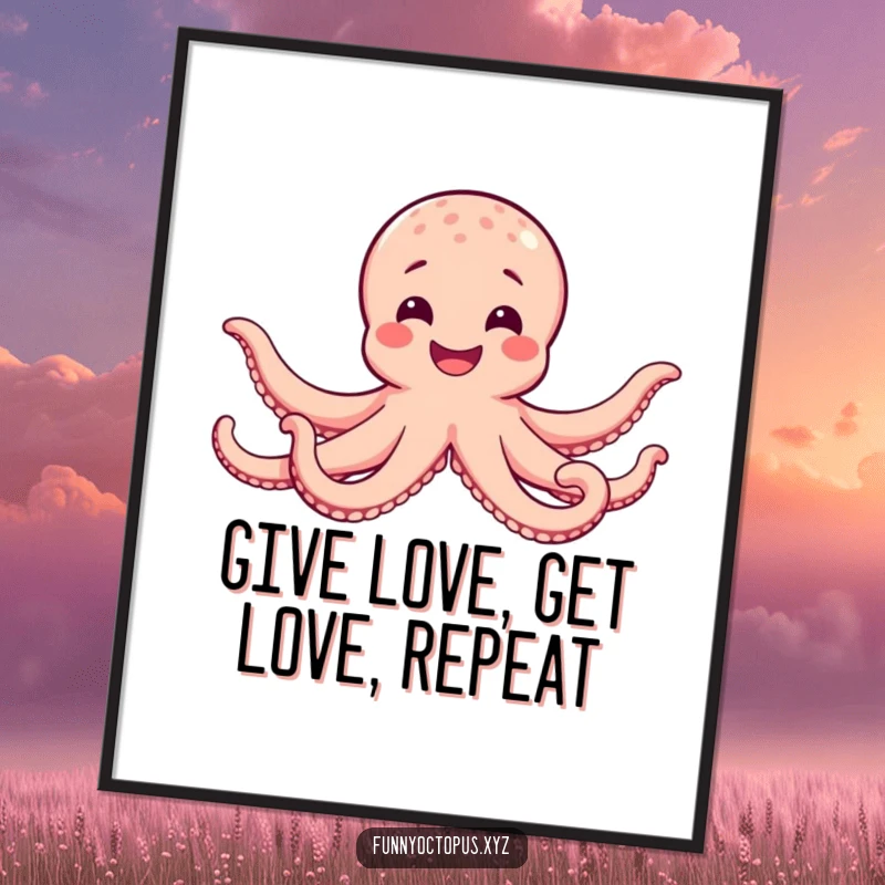 Funny Free Printable Wall Art: A happy octopus with a wide smile offering an encompassing hug with all its extended arms.