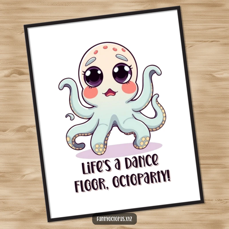 Funny Free Printable Wall Art: A surprised octopus with eyes popping out, caught mid-silly dance with energetic, comical moves.