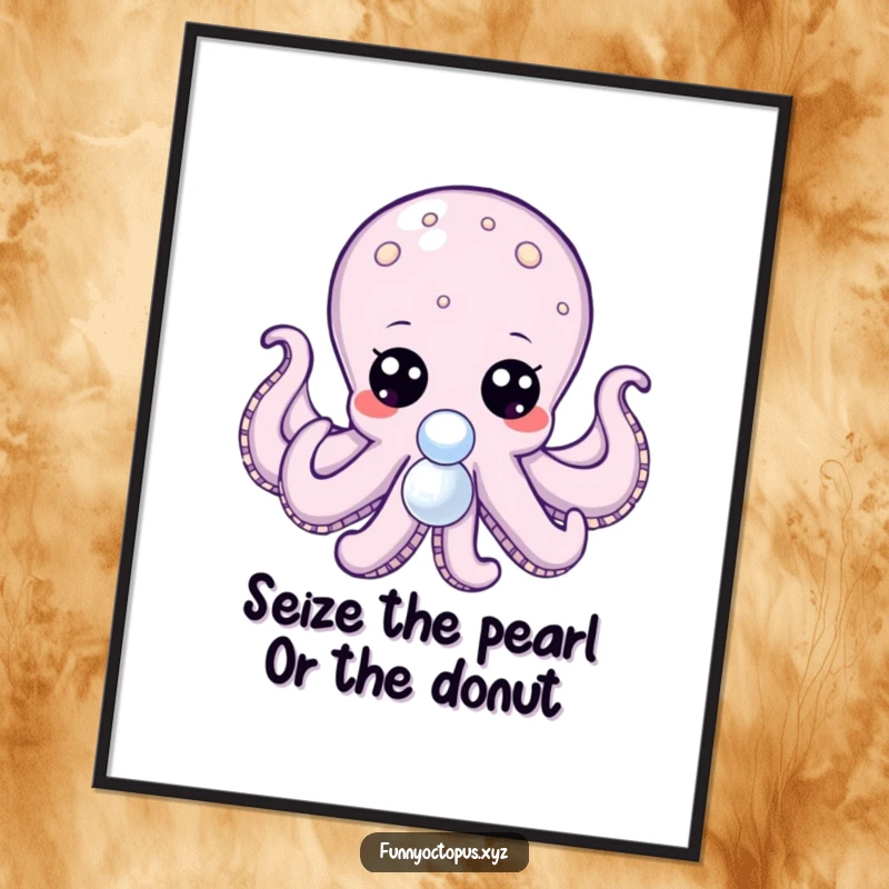 Funny Free Printable Wall Art: An octopus with big, expressive dot eyes curiously reaching for a shimmering, shiny pearl.