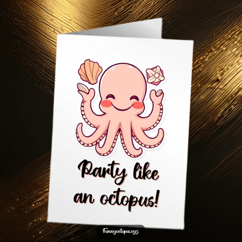 Funny Free Printable Birthday Card: Happy octopus with a wide smile juggling three seashells, full of festive energy.