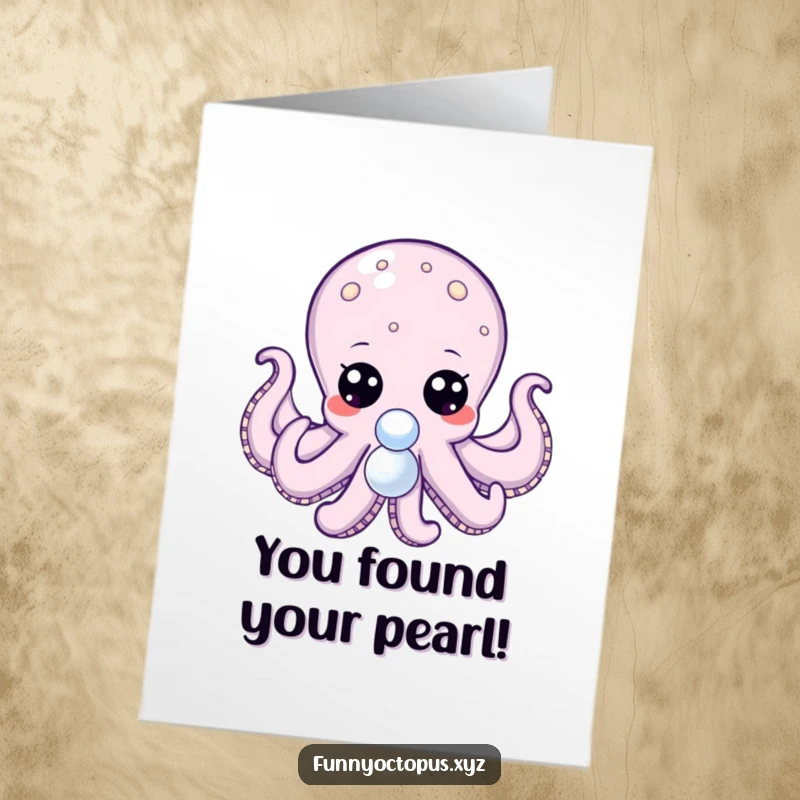 Funny Free Printable Congratulations Card: Octopus with big, expressive dot eyes intently reaching for a shiny pearl.