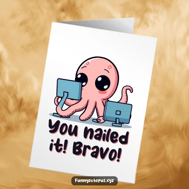 Funny Free Printable Congratulations Card: Stylized octopus with curious dot eyes enthusiastically waving tentacles in celebration.