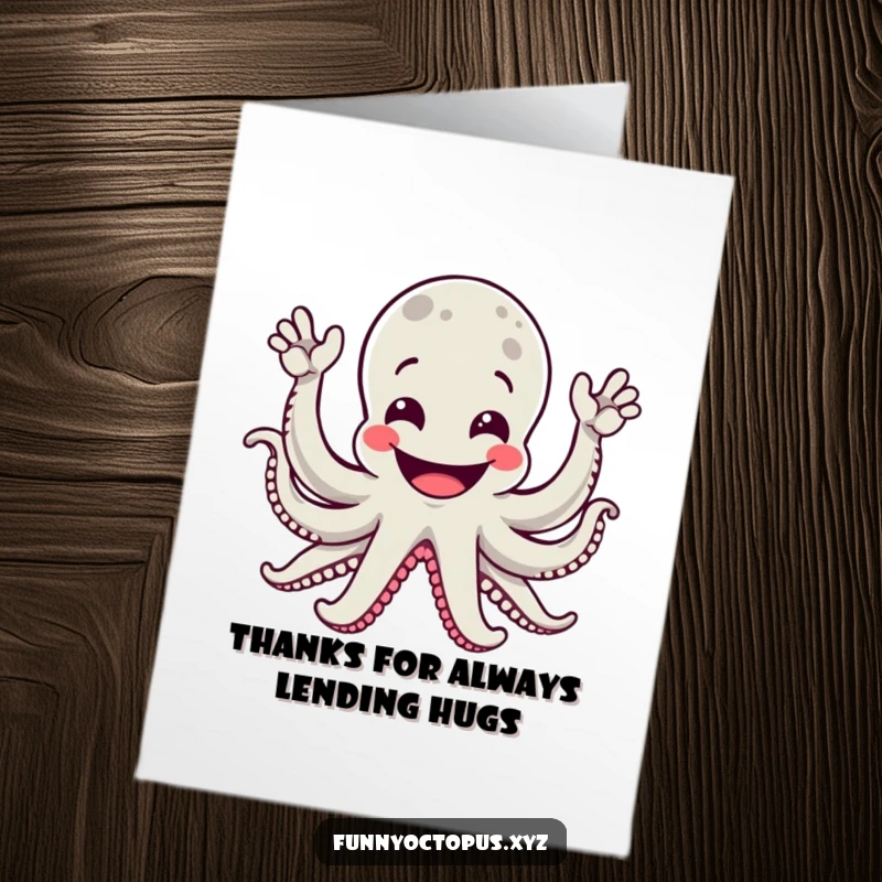 Funny Free Printable Thank You Card: Grinning octopus with numerous arms waving happily, conveying sincere thanks with a smile.