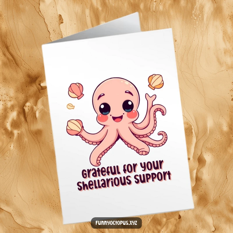 Funny Free Printable Thank You Card: Googly-eyed octopus playfully juggling seashells, a fun and quirky way to say thanks.