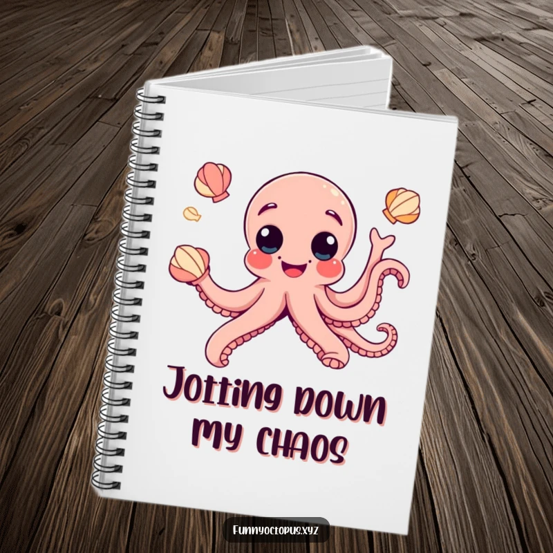 Funny notebook with a joyful octopus sporting googly eyes, humorously juggling seashells, ideal for note-taking.