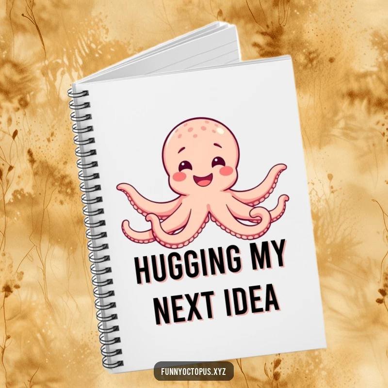 Funny notebook with a happy octopus smiling widely and extending all its arms in a hug, perfect for journaling.
