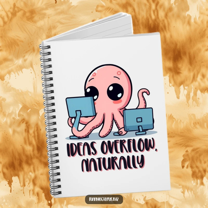 Funny notebook cover featuring a stylized octopus with large, curious dot eyes, its tentacles waving as if to take notes.