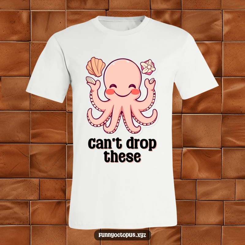Funny t-shirt showing a cheerful octopus with a wide smile, skillfully juggling three seashells with its many tentacles.