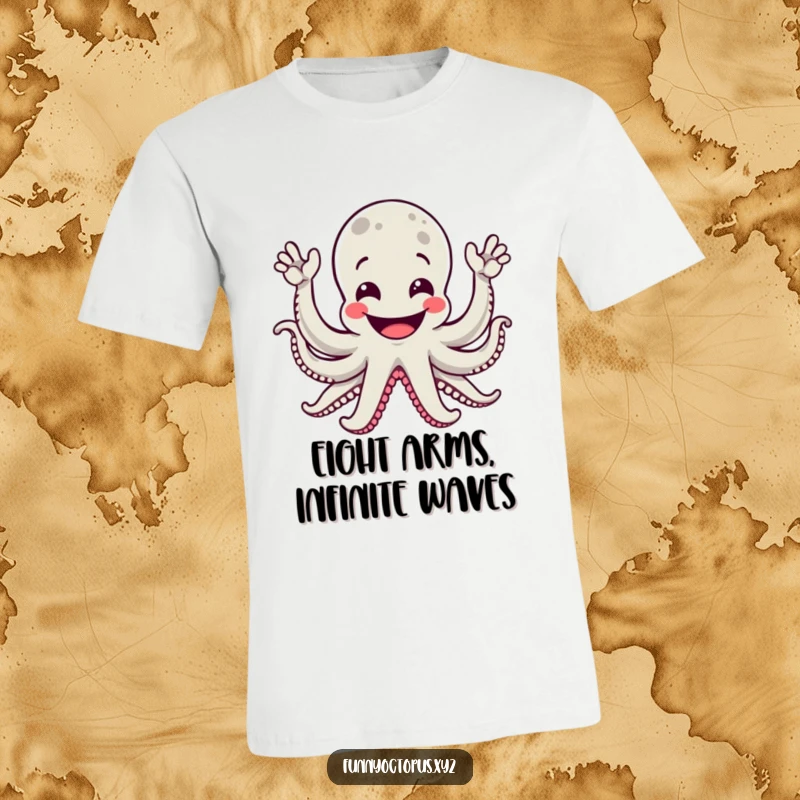 Funny t-shirt with an octopus grinning and waving all its arms enthusiastically, ideal for a comfortable and humorous look.
