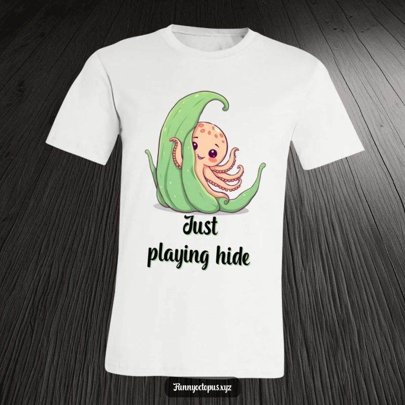 Funny t-shirt with an octopus playfully peeking from behind large seaweed, perfect for a cute and humorous look.