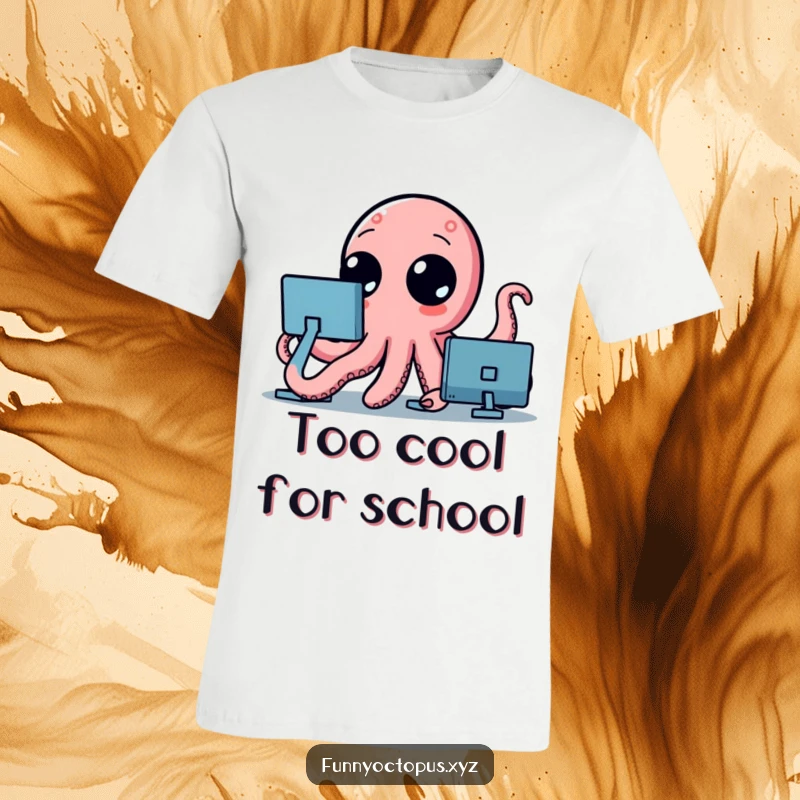 Funny t-shirt showcasing a stylized octopus with large, curious dot eyes, its tentacles playfully waving in a cheerful gesture.