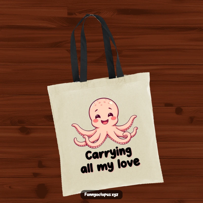 Funny tote bag featuring a happy octopus smiling widely and extending all its arms in a big hug, great for carrying items.