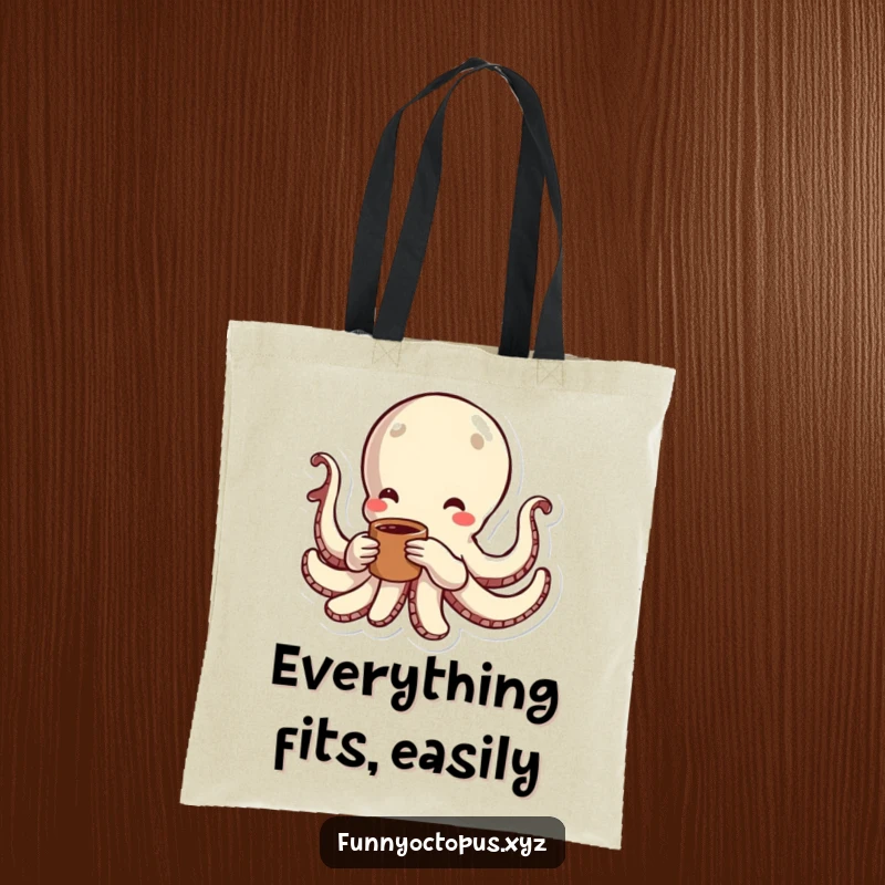 Funny tote bag featuring an octopus character swimming with energetic lines, conveying a sense of playful speed and dynamism.