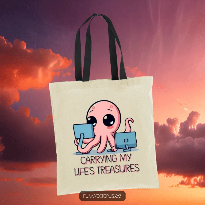 Funny tote bag depicting a stylized octopus, its curious dot eyes wide as its tentacles enthusiastically wave hello.