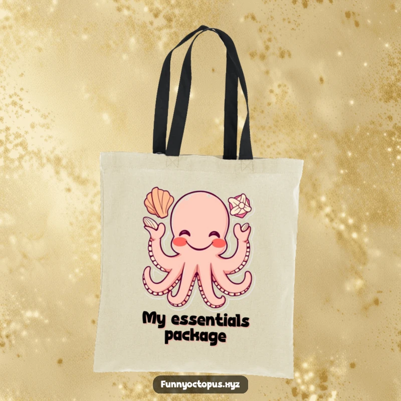 Funny tote bag featuring a smiling octopus character juggling three seashells with its tentacles, perfect for beach trips.