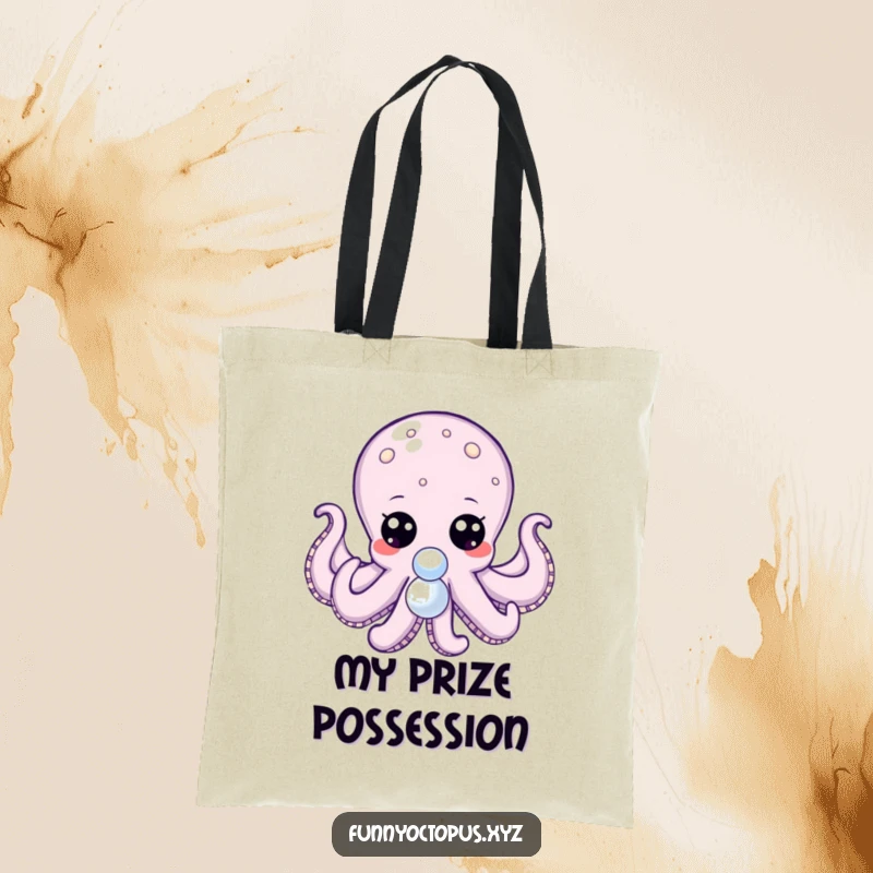 Funny tote bag featuring an octopus with big, expressive dot eyes, reaching for a shiny pearl, ready for adventure.